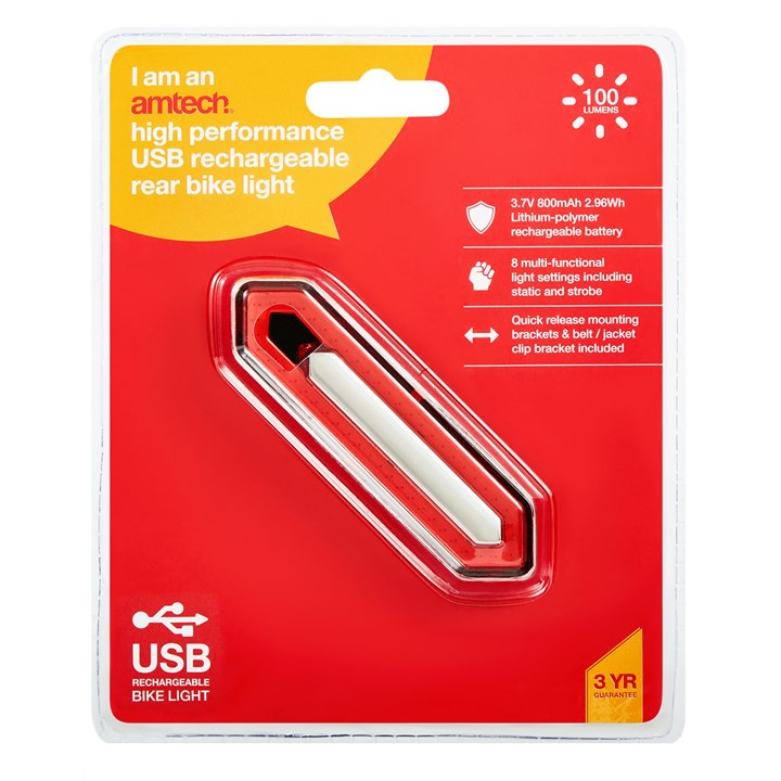 Amtech High performance USB rechargeable rear bike light S8187