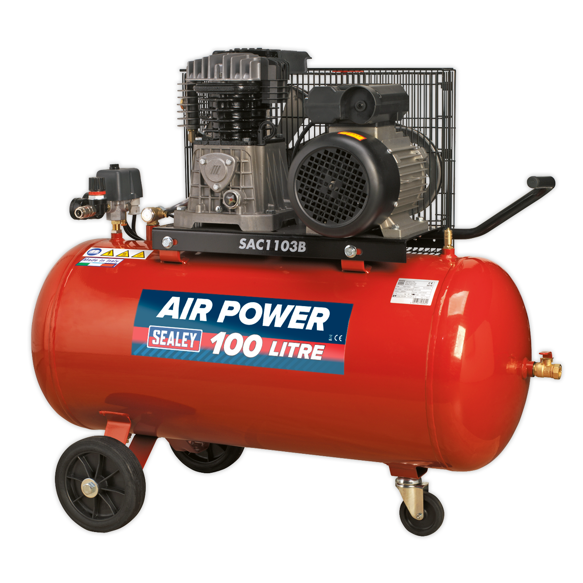 Sealey 100L Belt Drive Air Compressor 3hp with Cast Cylinders & Wheels SAC1103B