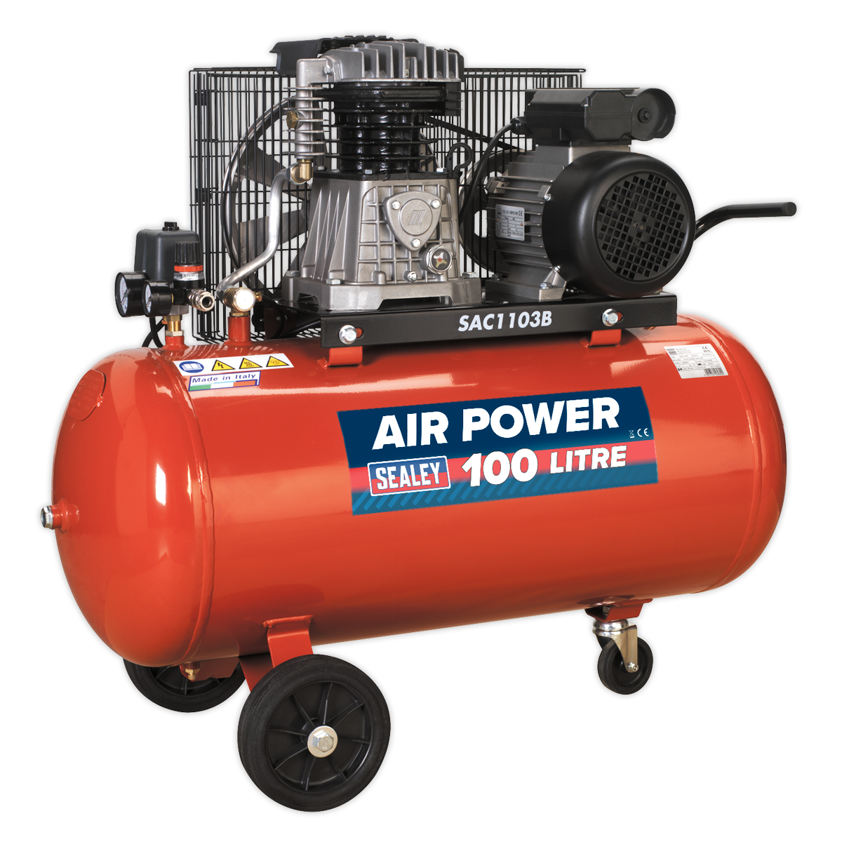Sealey 100L Belt Drive Air Compressor 3hp with Cast Cylinders & Wheels SAC1103B
