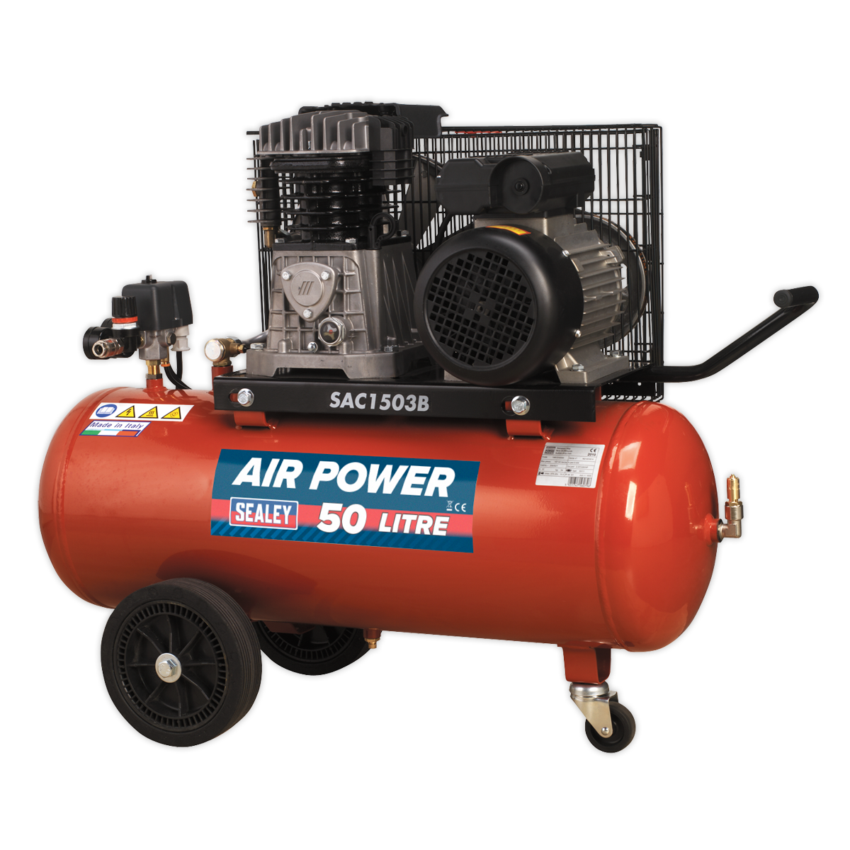 Sealey 50L Belt Drive Air Compressor 3hp with Cast Cylinders & Wheels SAC1503B