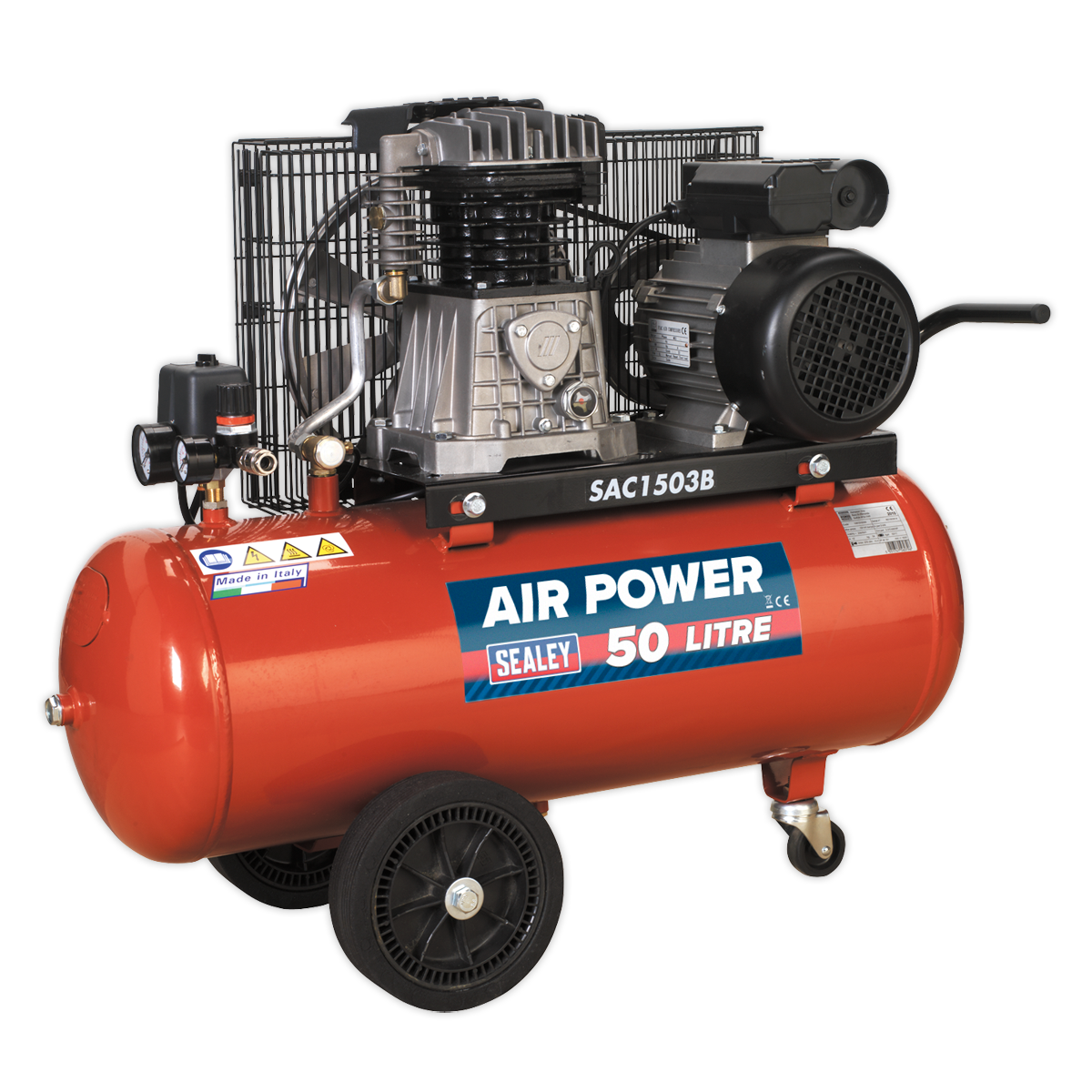 Sealey 50L Belt Drive Air Compressor 3hp with Cast Cylinders & Wheels SAC1503B