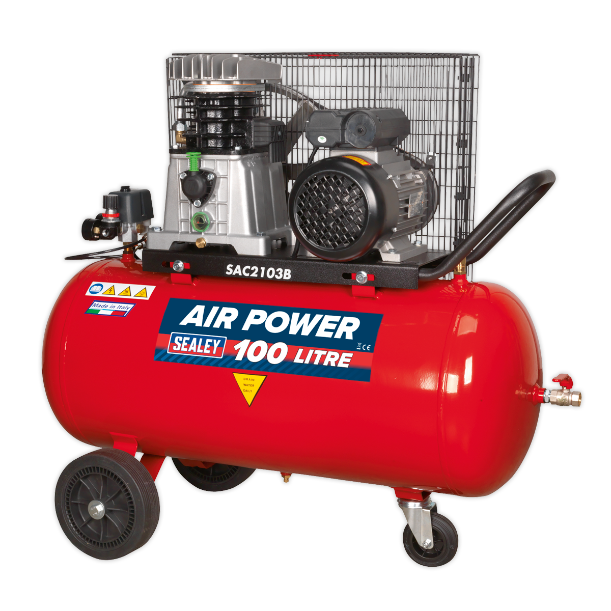 Sealey 100L Belt Drive Air Compressor 3hp with Cast Cylinders & Wheels SAC2103B