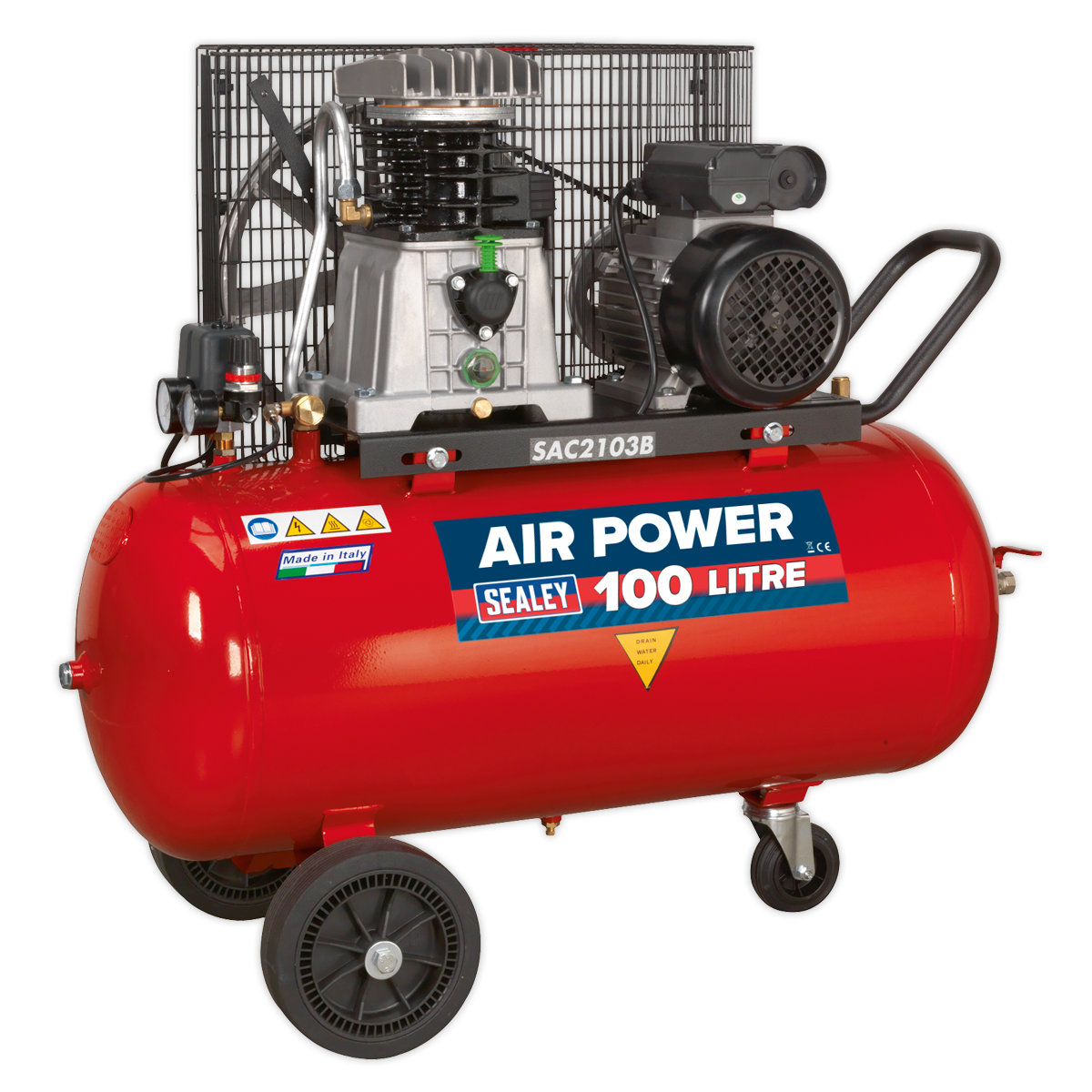Sealey 100L Belt Drive Air Compressor 3hp with Cast Cylinders & Wheels SAC2103B