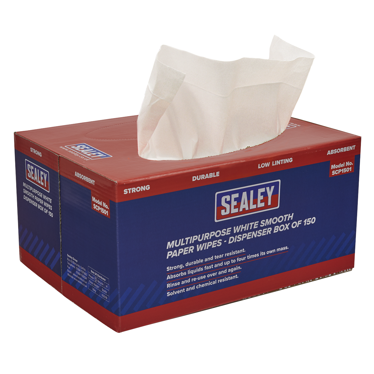 Sealey 73gsm Multipurpose Paper Wipes in Dispenser Box - Smooth White - 150 Sheets SCP1501