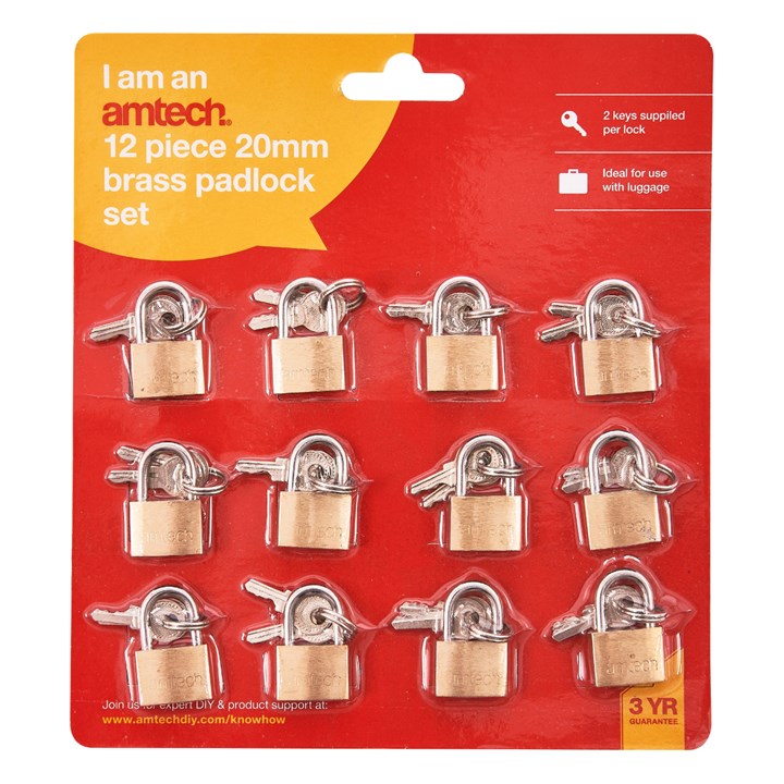 Amtech 12 Piece 20mm brass padlock set T0790