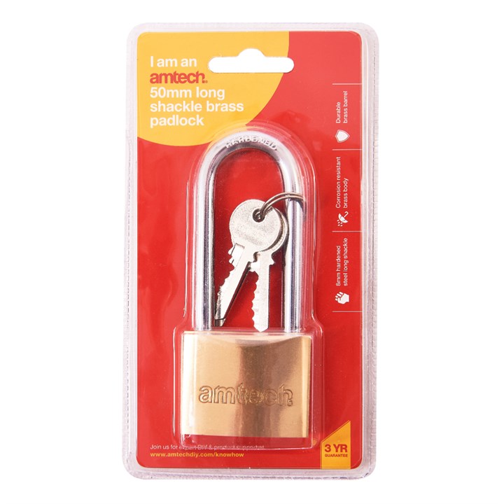 Amtech 50mm Long shackle brass padlock T1600C