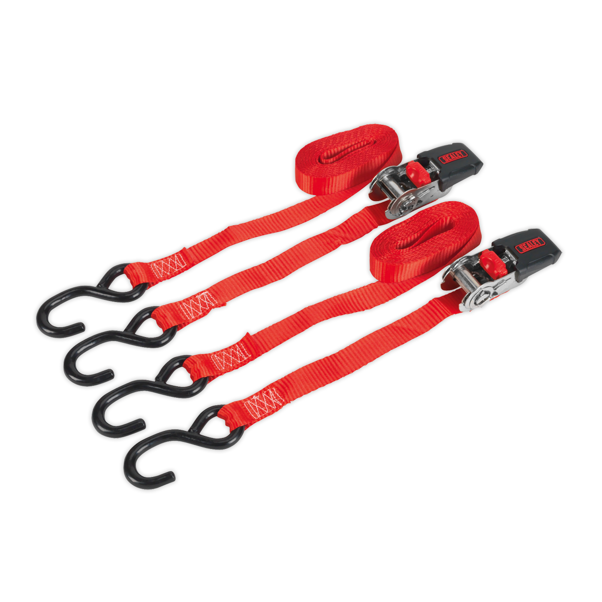 Sealey 25mm x 4m Polyester Webbing Ratchet Tie Down with S-Hooks 800kg Breaking Strength - Pair TD284SD
