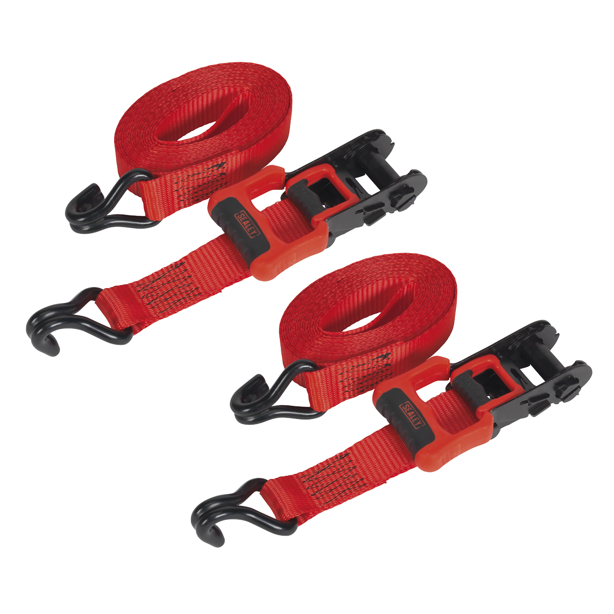 Sealey 32mm x 4.9m Polyester Webbing Ratchet Tie Down with J-Hooks 1200kg Breaking Strength - 1 Pair TD41248JD