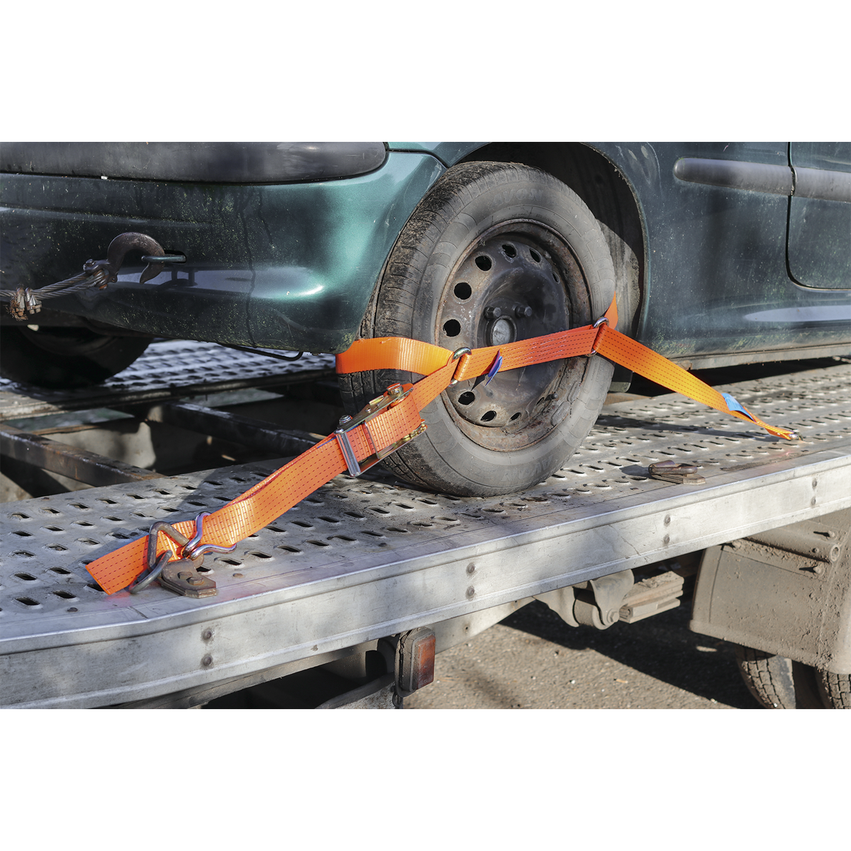 Sealey 50mm x 3m Steel Wheel Car Transporter Ratchet Tie Down 4500kg Breaking Strength TDRWS