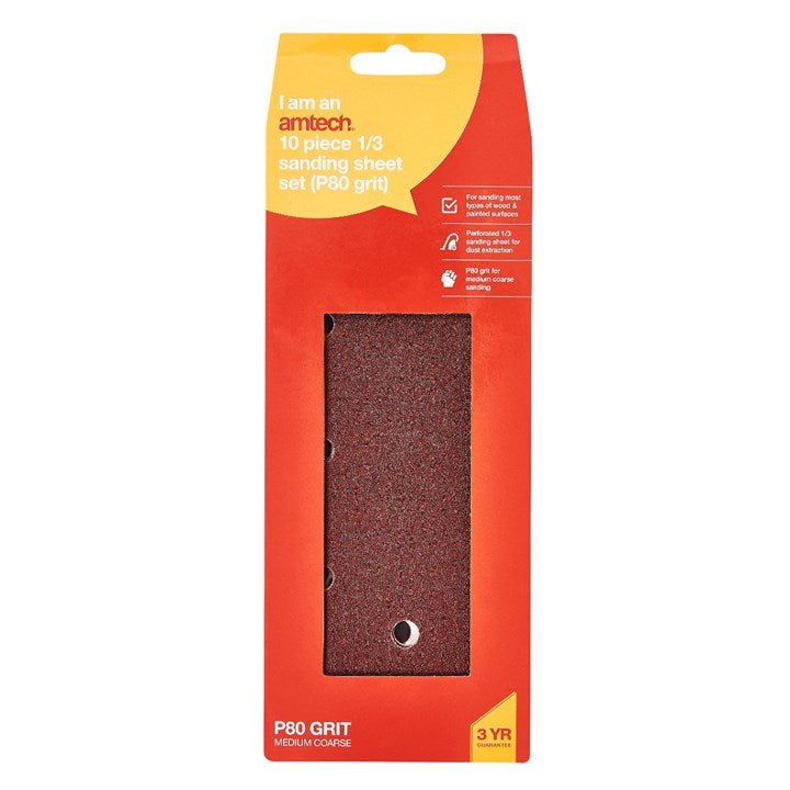 Amtech 10 x 1/3 P80 grit sanding sheets (93mm x 230mm) V4005