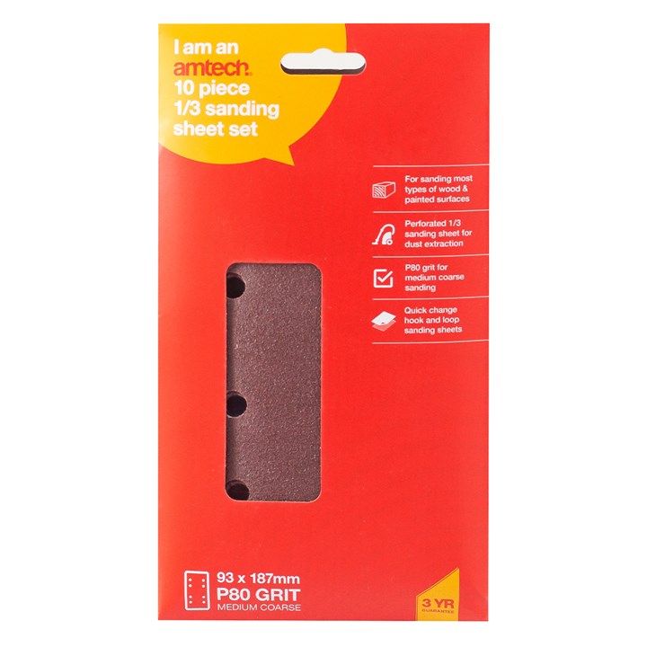 Amtech Pack of 10 P80 grit hook and loop sanding sheets V4007