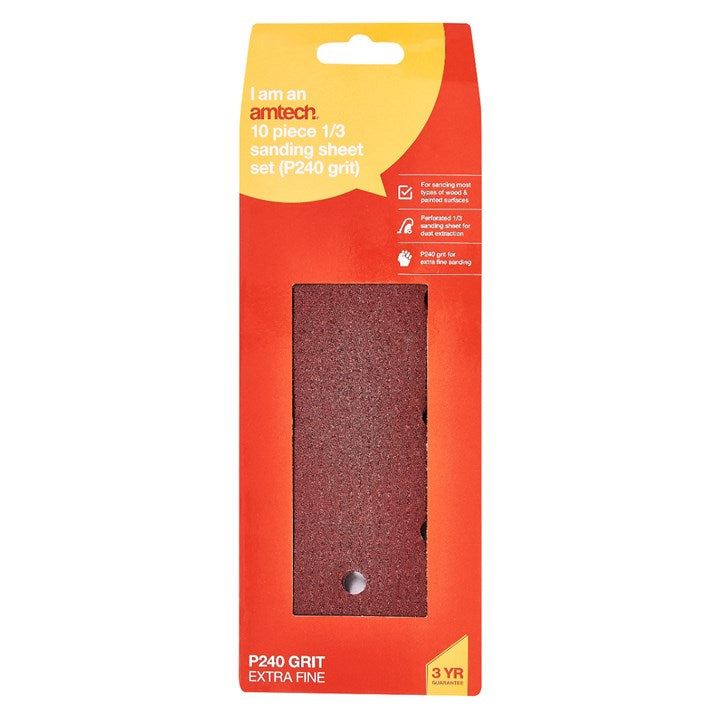 Amtech 10 x 1/3 P240 grit sanding sheets (93mm x 230mm) V4015