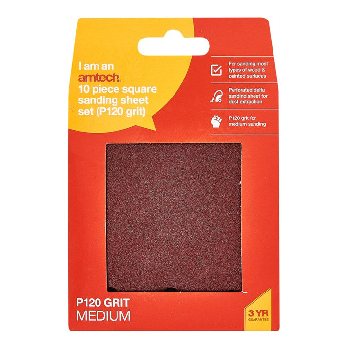 Amtech 10 x P120 grit square sanding sheets (110mm x 100mm) V4050