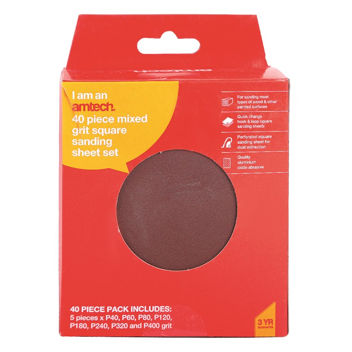 Amtech 40 Piece mixed grit square sanding sheet set (110mm x 100mm) V4056