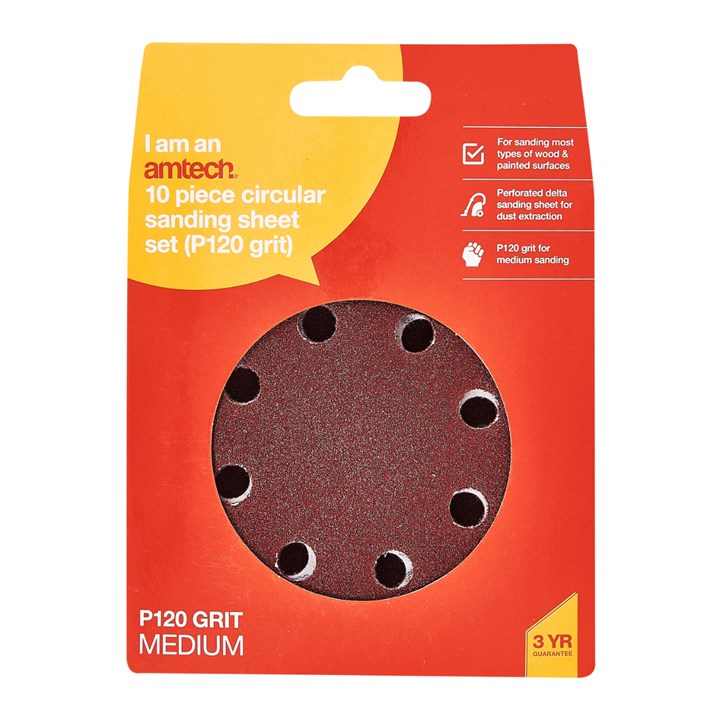 Amtech 10 x P120 grit circular sanding sheets (115mm diameter) V4070