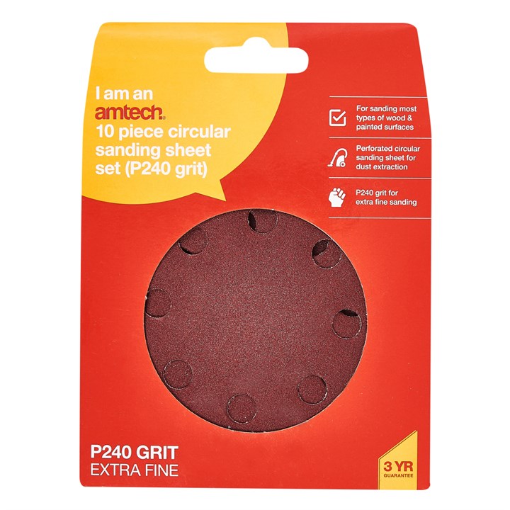 Amtech 10 x P240 grit circular sanding sheets (115mm diameter) V4075