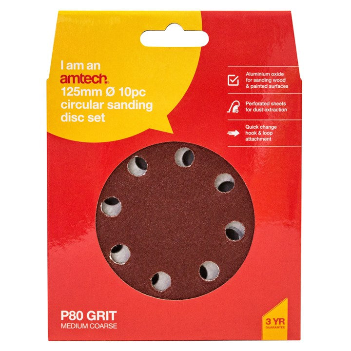 Amtech 10 x P80 grit circular sanding sheets (125mm diameter) V4085