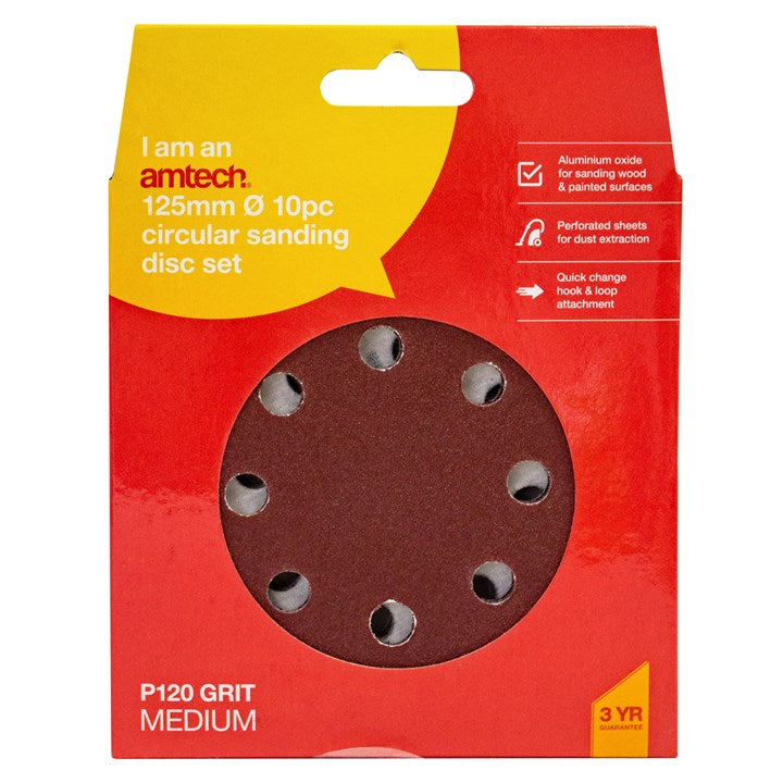 Amtech 10 x P120 grit circular sanding sheets (125mm diameter) V4090