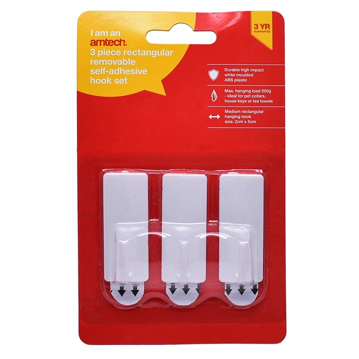 Amtech 3 Piece rectangular, removable self-adhesive hook set (2cm x 5cm) W8303
