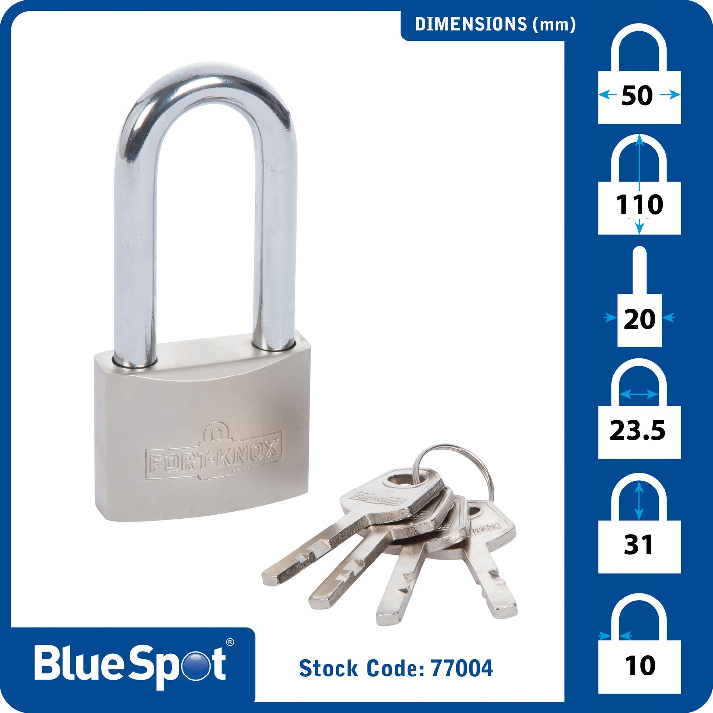 BlueSpot 50mm Long Shackle Satin Finish Padlock 77004