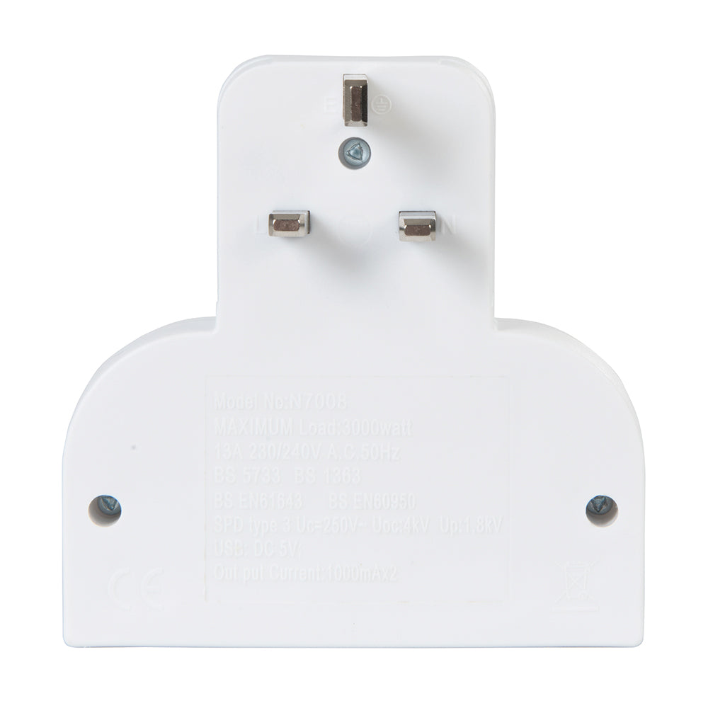 Powermaster Dual Socket T Adaptor with Twin USB 2100mAh Combined