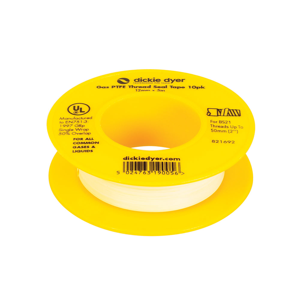 Dickie Dyer Gas PTFE Thread Seal Tape 10pk 12mm x 5m