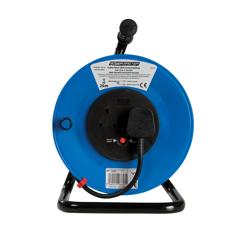 Powermaster Cable Reel Freestanding 13A 230V 2-Gang 25m