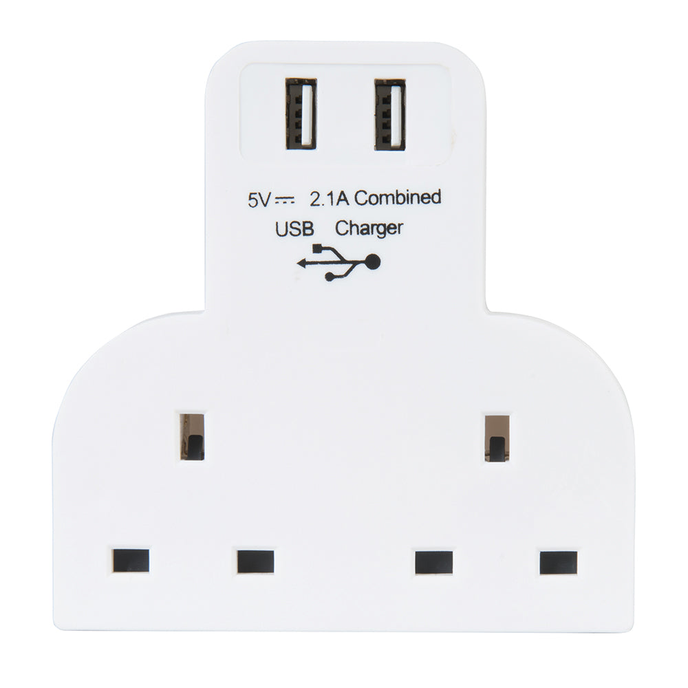 Powermaster Dual Socket T Adaptor with Twin USB 2100mAh Combined