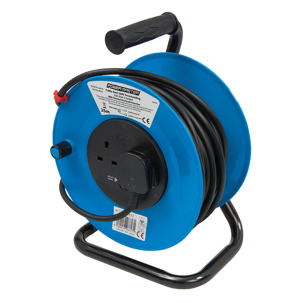 Powermaster Cable Reel Freestanding 13A 230V 2-Gang 25m