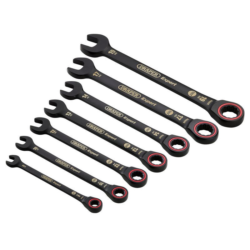 Draper Expert HI-TORQ Metric Ratchet Combination Spanner Set, Black (7 Piece) DRA-03895