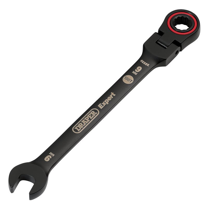 Draper Expert HI-TORQ Metric Flexible Head Ratchet Combination Spanner, 9mm, Black DRA-03915