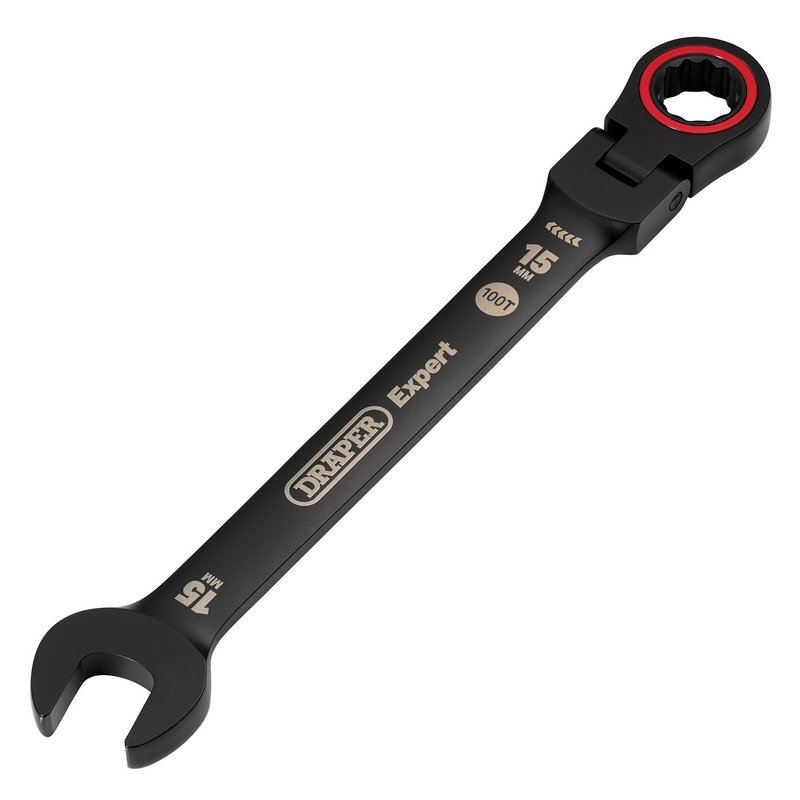 Draper Expert HI-TORQ Metric Flexible Head Ratchet Combination Spanner, 15mm, Black DRA-03922