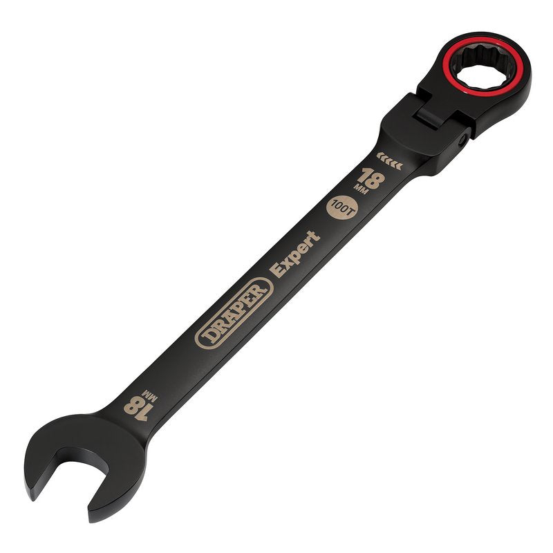 Draper Expert HI-TORQ Metric Flexible Head Ratchet Combination Spanner, 18mm, Black DRA-03925