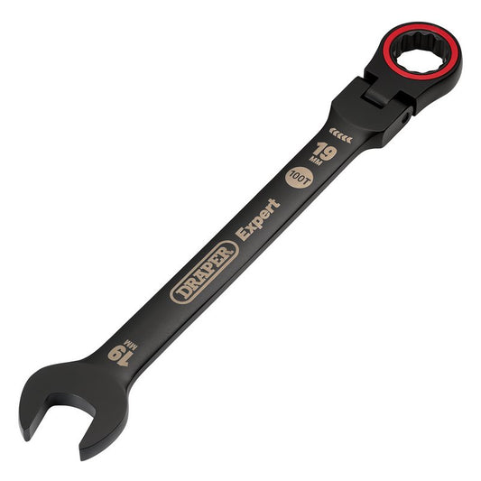 Draper Expert HI-TORQ Metric Flexible Head Ratchet Combination Spanner, 19mm, Black DRA-03926