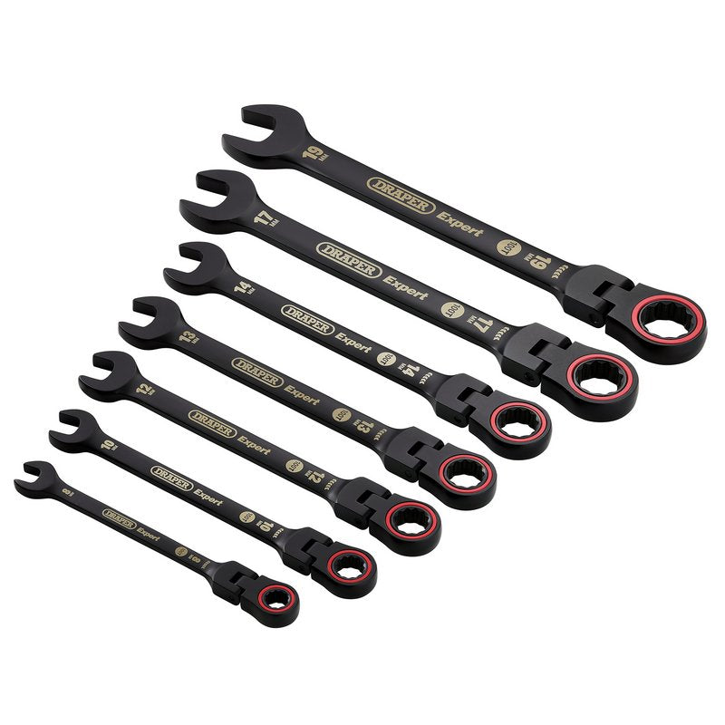 Draper Expert HI-TORQ Metric Flexible Head Ratchet Combination Spanner Set, Black (7 Piece) DRA-03927