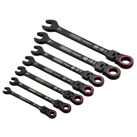 Draper Expert HI-TORQ Metric Flexible Head Ratchet Combination Spanner Set, Black (7 Piece) DRA-03927