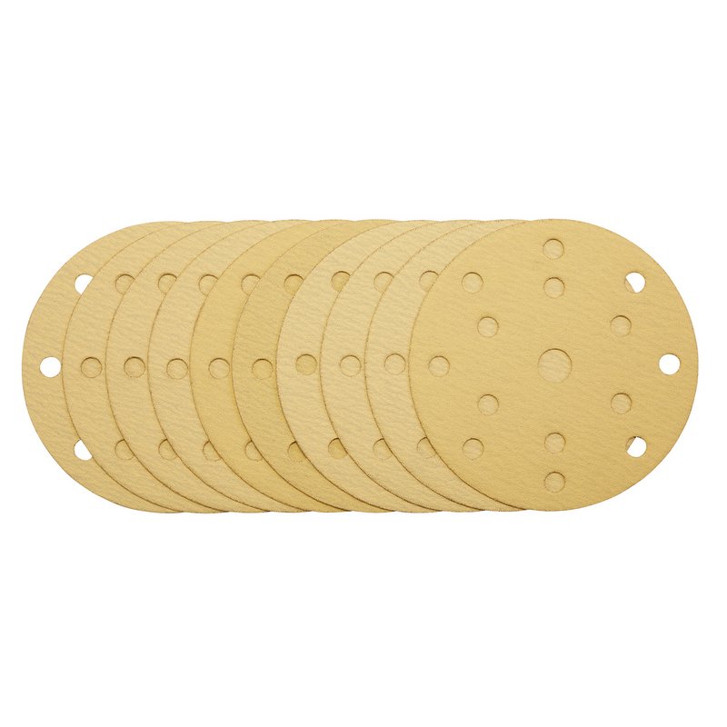 Draper Gold Sanding Discs with Hook & Loop, 150mm, 120 Grit, 15 Dust Extraction Holes (Pack of 10) DRA-08473
