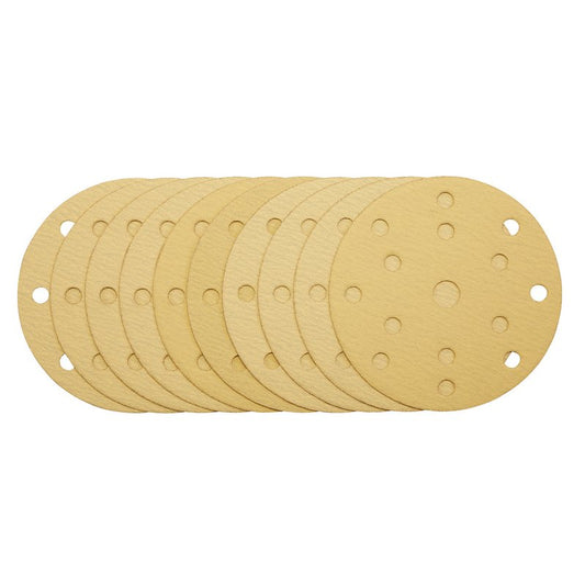 Draper Gold Sanding Discs with Hook & Loop, 150mm, 120 Grit, 15 Dust Extraction Holes (Pack of 10) DRA-08473