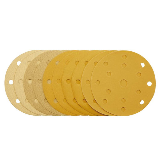 Draper Gold Sanding Discs with Hook & Loop, 150mm, Assorted Grit - 120G, 180G, 240G, 320G, 400G, 15 Dust Extraction Holes (Pack of 10) DRA-08480