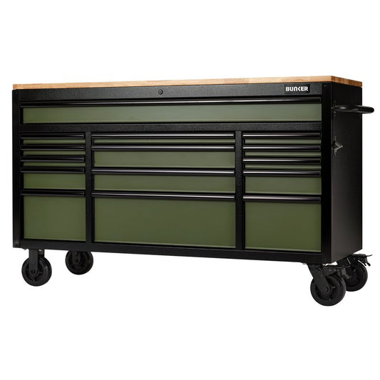Draper BUNKER 15 Drawer Workbench Roller Tool Cabinet, 61", Green DRA-10368