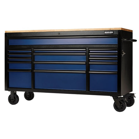 Draper BUNKER 15 Drawer Workbench Roller Tool Cabinet, 61", Blue DRA-10747
