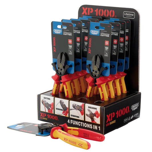 Draper XP1000 Counter Top Display of VDE 180mm 4-in-1 Tethered Combination Cutters (10 Piece) DRA-13616