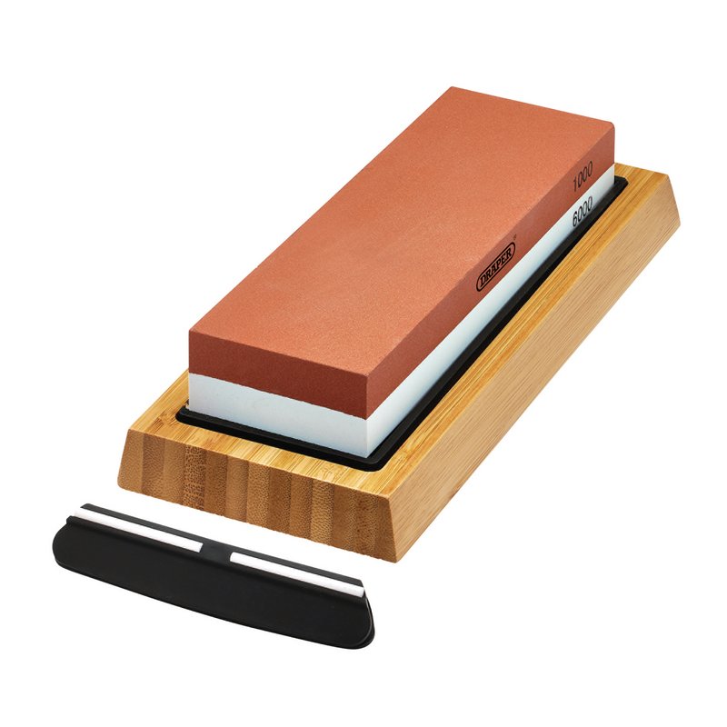 Draper Double Sided Whetstone Sharpening Stone with Non-Slip Base and Angle Guide, 1000/6000 Grit DRA-23949
