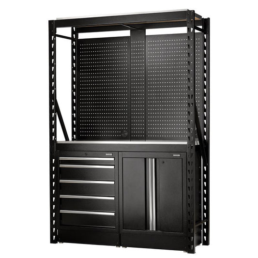 Draper BUNKER 15 Piece Modular Storage Combo 2 Tier Racking with Stainless Steel Shelving, Pegboards and Floor Cabinets, 1500mm DRA-27972