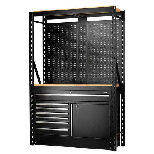 Draper BUNKER&#174; 14 Piece Modular Storage Combo 2 Tier Racking with Hardwood Shelving, Pegboards and Floor Cabinet, 1500mm DRA-28005