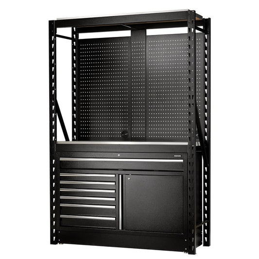 Draper BUNKER 14 Piece Modular Storage Combo 2 Tier Racking with Stainless Steel Shelving, Pegboards and Floor Cabinet, 1500mm DRA-28075