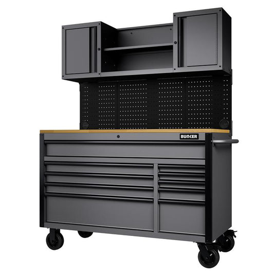Draper BUNKER 10 Drawer Roller Workstation with Workbench, 56", Light Grey DRA-31761