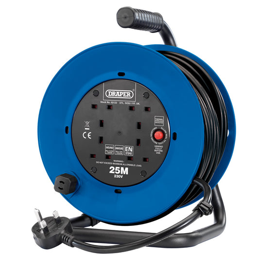 Draper 230V Heavy Duty Industrial Four Socket Cable Reel, 25m DRA-02122