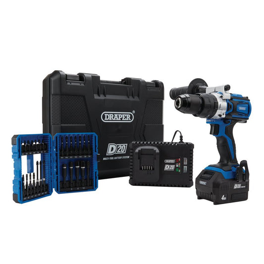 Draper D20 20V Brushless Combi Drill Kit & Draper Expert Impact Screwdriver  Bit Set (26 Piece) DRA-04790