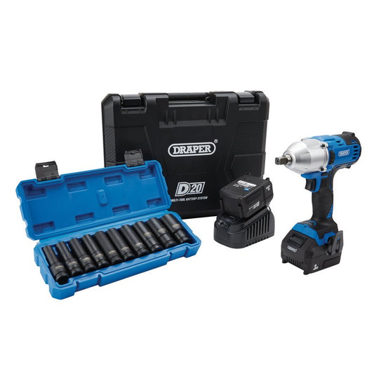Draper D20 20V Brushless Mid-Torque Impact Wrench Kit, 1/2" & Metric Deep Impact Socket Set (10 Piece) DRA-04791